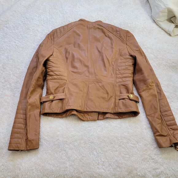 Massimo Dutti Leather Zip Moto Biker Fitted Jacket Tan Brown Women's Size M 4701 - Picture 2 of 16